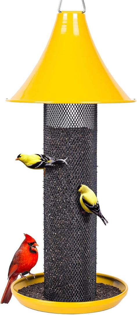 Kingsyard Thistle Bird Feeder for Outdoors Hanging, All Metal, Finch Mesh Tube Feeder with Weatherproof Roof & Seed Tray, 3 lbs Seed Capacity, Great for Attracting Wild Bird, Yellow