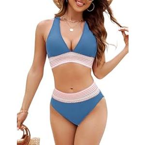 VIMPUNEC Womens High Waisted Bikini Sets Tummy Control Swimsuit Two Piece Color Block Bathing Suit (Medium, Black)