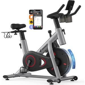 MERACH Exercise Bike, Brake Pad/Magnetic Stationary Bike with Exclusive App, Low Noise Indoor Cycling Bike with 270lbs Weight Capacity, Dumbbell Rack and Free Fitness Courses
