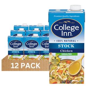 COLLEGE INN Unsalted Chicken Stock, 12 Pack, 32 oz Carton, Best By 04/01/2026