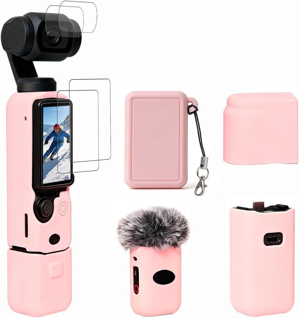 Case for DJI Osmo Pocket 3/Xtra Muse Camera, Soft Silicone Protective Case, Slim Fit Skin with mic Cover and Screen Protector Accessories for Osmo Pocket 3/Xtra Muse,Anti-Scratch (Pink)