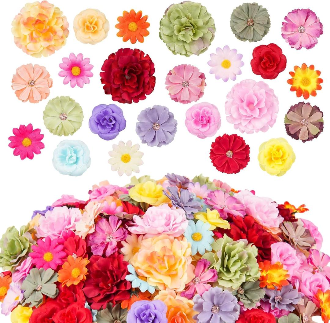 210 Pcs Mini Silk Flower Heads Small Fake Rose Daisy Faux Flowers Bulk for Crafts Artificial 3D Loose Fabric Flowers Heads Sunflower Bulk for Wedding Hair Cap Dresses Decorations (Bright Colors Mixed)