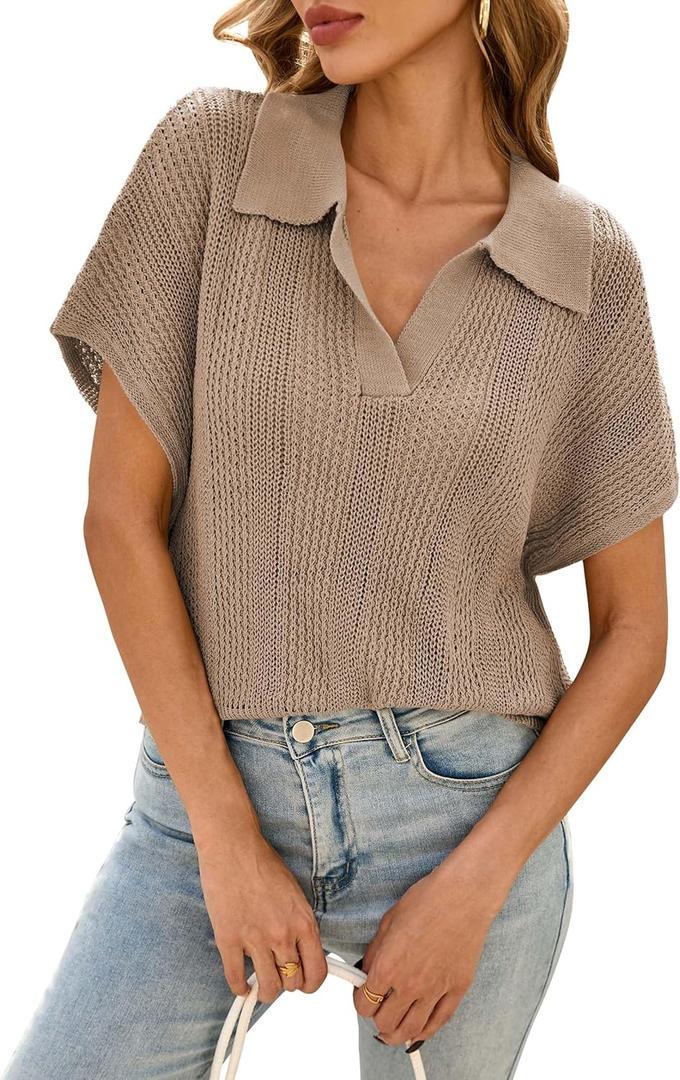 Cakulo Spring Summer Crochet Tops for Women 2025 Crop Knit Short Sleeve Polo V Neck Collared Hollow Out Sweater Top (Large, Khaki) Cakulo Spring Summer Crochet Tops for Women 2025 Crop Knit Short Sleeve Polo V Neck Collared Hollow Out Sweater Top (Large, Khaki)