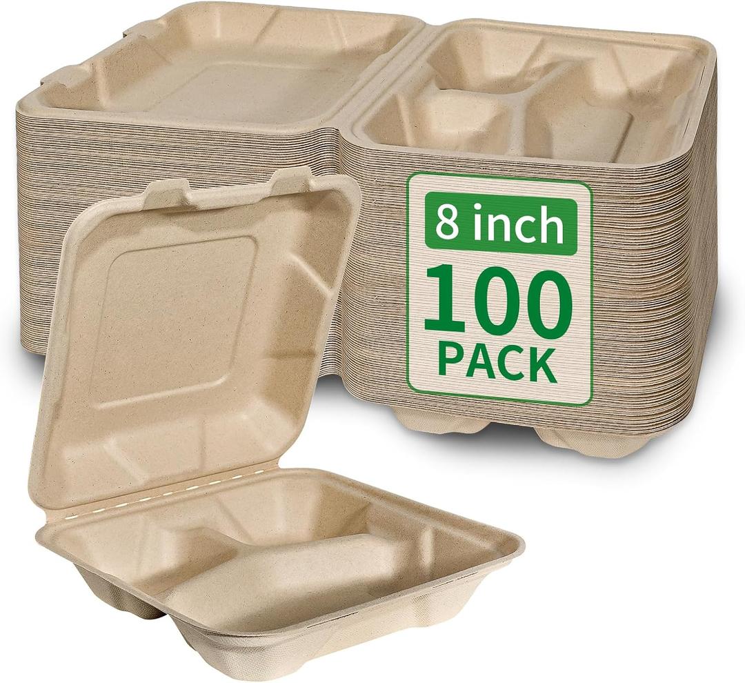 Aricsen Compostable 100 Pack 8x8 Inch 3 Compartment Takeout Lunch Box Containers with Lid To Go Take Out Clamshell for Food, Disposable Eco-Friendly Biodegradable Bagasse, PFAS-Free, Unbleached Brown