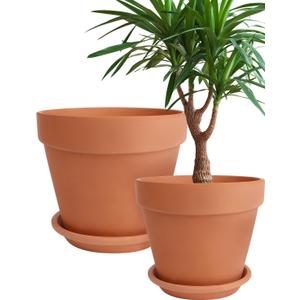 INGOFIN Terracotta Pot with Saucer 10&12 Inch - Ceramic Clay Pot for Plants with Drainage Hole, Large Terra Cotta Flower Planter with Tray for Indoor Outdoor Plants