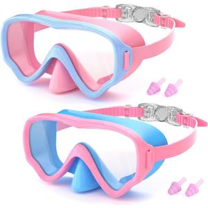 COOLOO 2 Packs Kids Goggles with Nose Cover, 180 Wide View Swimming Goggles for Kids 4-16, No More Hair Snags Anti-Fog No-Leak Snorkel Mask for Boys Girls Youth