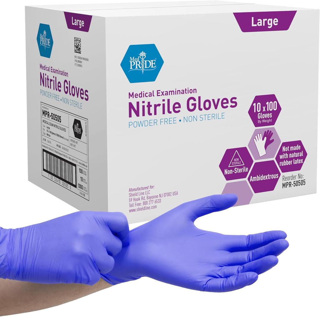 MedPride PowderFree Latex Exam Gloves, Large, Case/1000 (10 Boxes of 100)