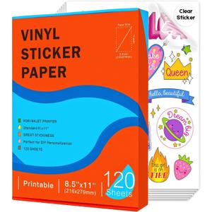 120 Sheets Printable Clear Vinyl Sticker Paper for Inkjet Printers, Transparent Paper of 8.5x11"DIY Personalized Self-adhesive Paper That Is Tear Resistant, Waterproof Labels, Easy to Cut