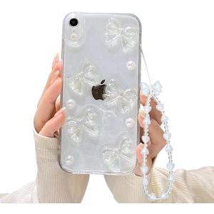 Ownest Compatible with iPhone XR Case with Clear Cute 3D Bowknots and Pearl Aesthetic Patterns for Women Teen Girls, Glitter Sparkle Back and Full Lens Protection Protective Phone Case Cover + Chain
