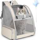Cat Backpack Carrier, Large Pet Carrier Backpack with Kitten Wand Feather Toy for Medium Small Dog Cat Puppy Kitty Bunny up to 15lbs, Ventilated Mesh Kitten Bookbag for Travel Walking Outdoor (Beige)