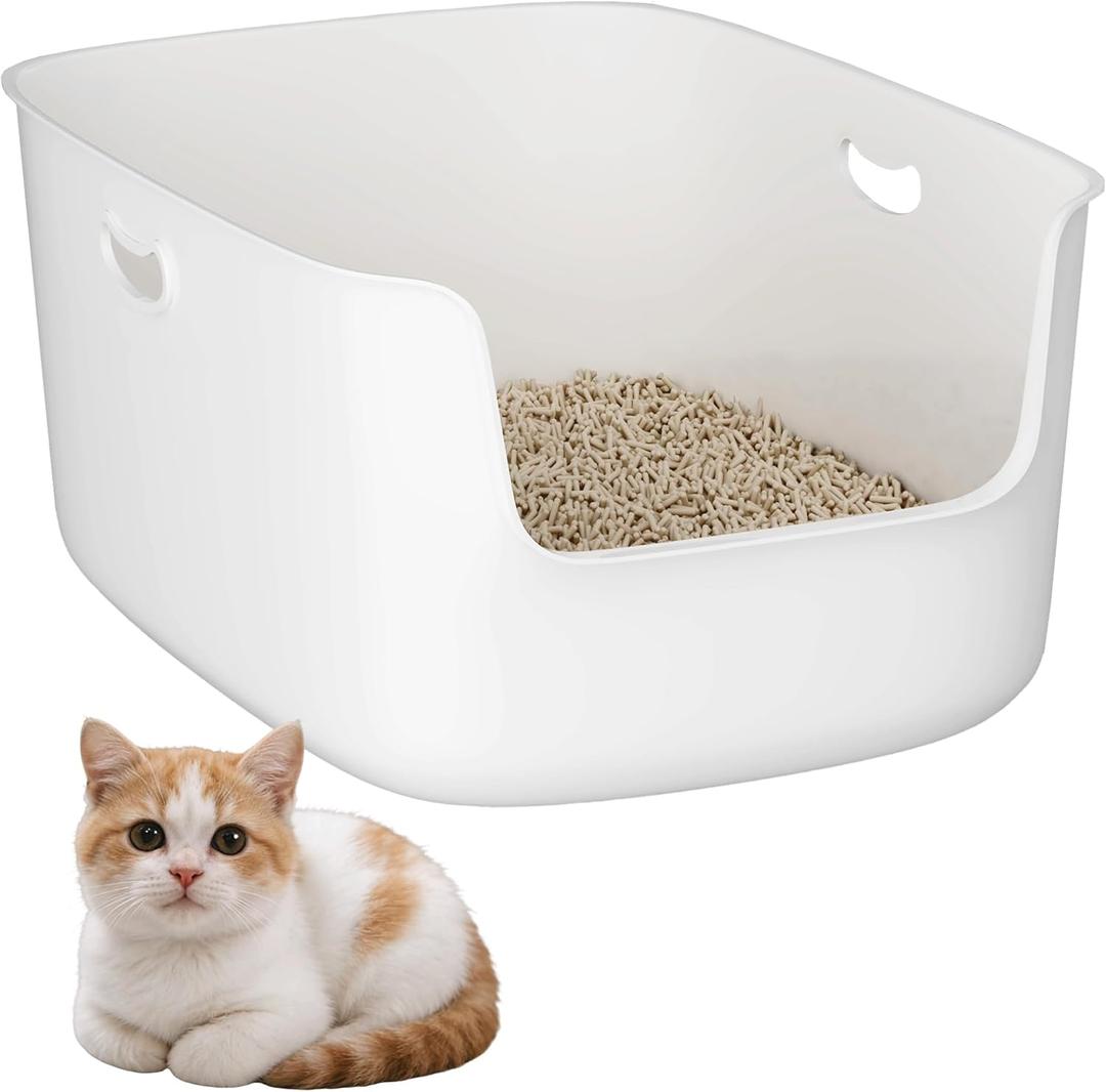 Low Entry High Sided Plastic White Cat Litter Box 22.8x15x8.66 Inch with Splash Guard - One-Piece Smooth Interior Easy Clean for Senior Kittens Mobility-Impaired Cats & Large Breeds