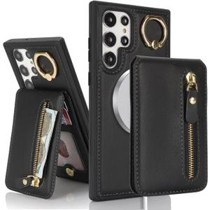 for Samsung Galaxy S22 Ultra Phone case with Card Holder with Compatible magsafe Magnetic, Key Chain PU Leather Flip Kickstand Detachable 2-in-1 Wallet case Women Men-Black