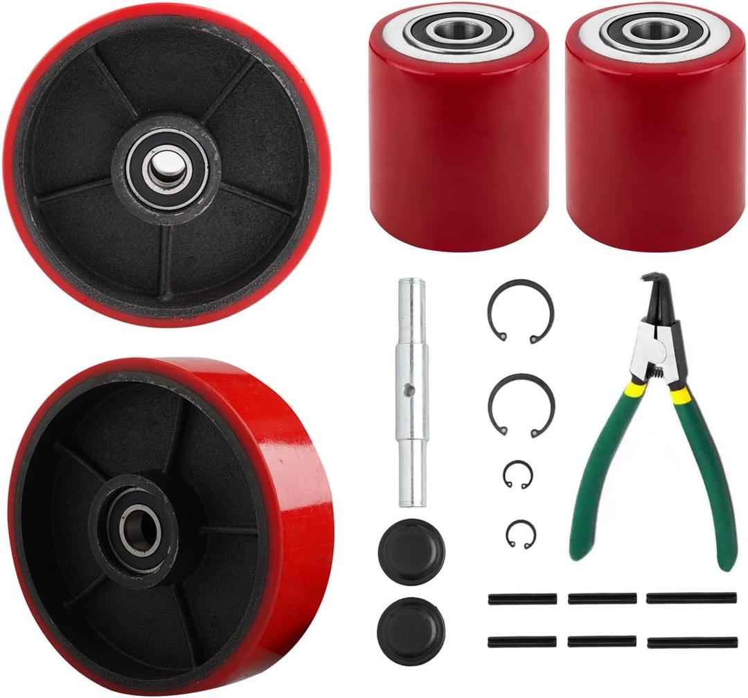 Pallet Jack/Truck Full Set with Axles, Pairs of 7" x 2" Steer Wheels & 3" x 3.75" Load Wheels with Bearings ID 20mm Poly Tread Black, Entry Exit Roller, Tool Kit Included.(Assembled)