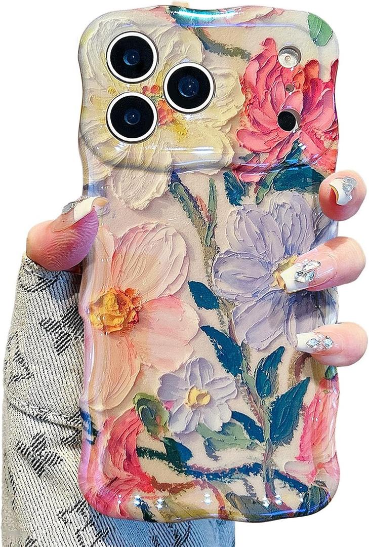 UEEBAI Case for iPhone 17 Pro Max, Colorful Retro Oil Painting Flower Case Pretty Glossy Pattern Wave Cover Cute Sparkly Floral Curly Cover Stylish Shell for Women Girl, Purple Pink