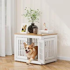 Snuowu 32" Heavy-Duty Dog Crate Furniture for Small/Medium Dogs, Rustic Wooden Dog Cage Kennel Indoor Furniture, Decorative Pet House End Table, White & Wood