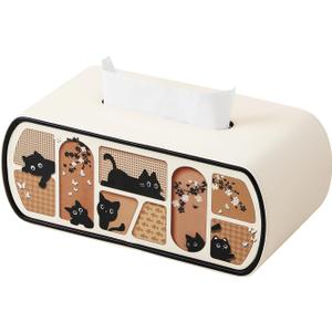 Cat-Themed Tissue Box Cover with Curved Edge, Rectangle Tissue Box Holder for up to 4 Inches High Boxes (Beige)