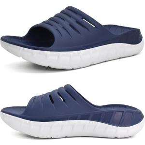 KuaiLu Mens Recovery Sandals Orthotic Arch Support Open Toe Sport Slides Thick Cushion Orthopedic Plantar Fasciitis Slip On Wide Width Summer Pool Beach Waterproof (10, Blue White)