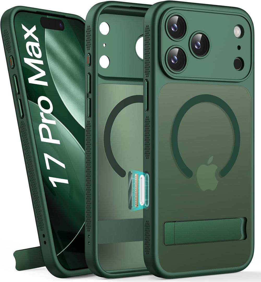BXYJY for iPhone 17 Pro Max Case Magnetic with Stand, Camera Control Button, Full Lens Protection, Compatible with MagSafe, Military Grade Protection, Translucent Thin Hard Case for 17 Pro Max, Green