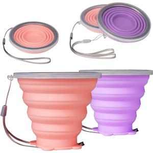 O-CONN 2 Pack Collapsible Cup, Silicone Collapsible Travel Cup, Silicone Folding Camping Cup with Lids Expandable, Drinking Cup for Outdoor Hiking Travel, Outdoor Sports- Portable, Graduated