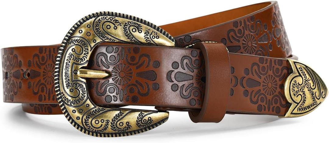 Western Cowgirl Belts for Women Brown Leather Belt for Jeans with Vintage Country Cowboy Buckle