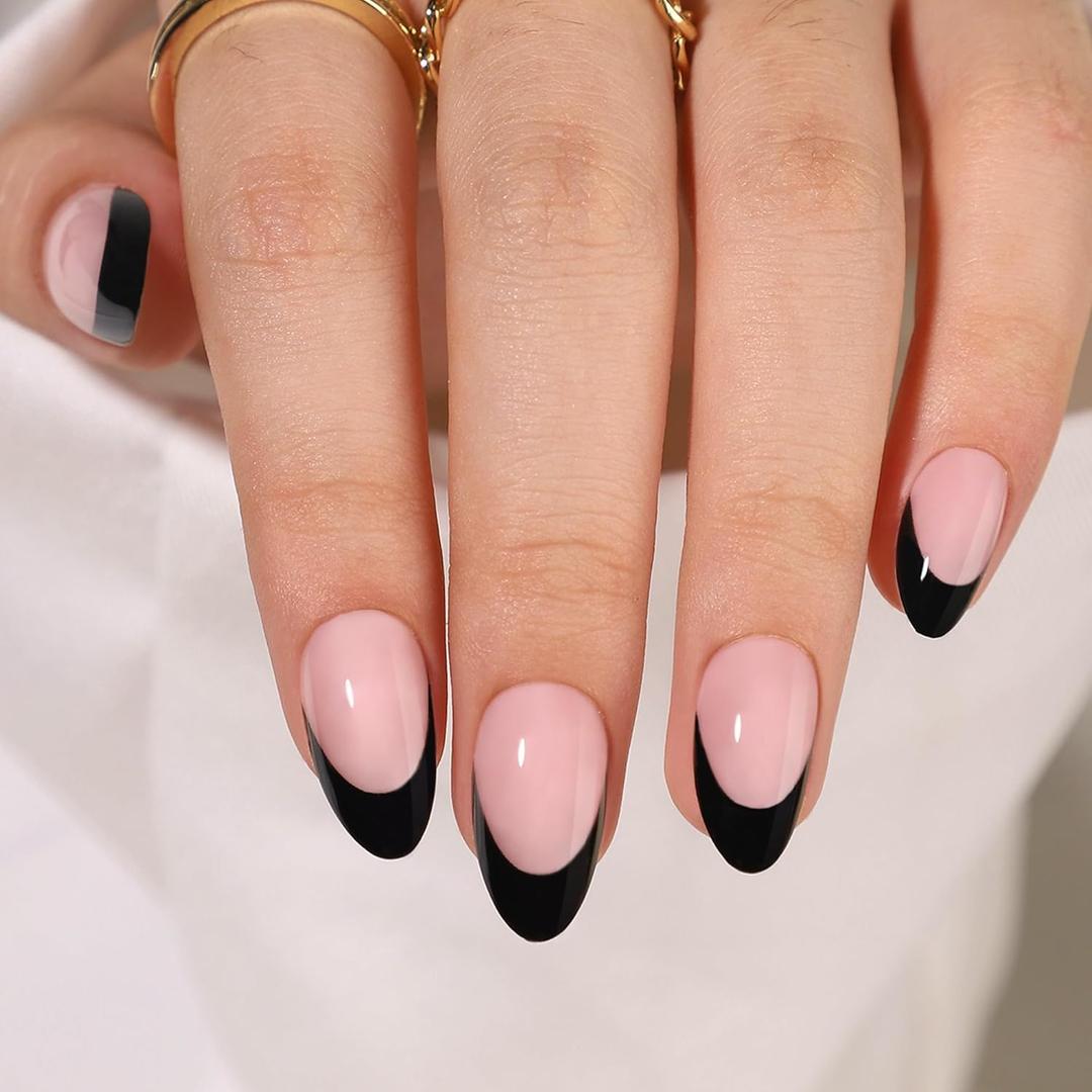 3 x RTKHFZE Press on Nails Short - French Tip Press On Nails Almond,Soft Gel Acrylic Fake Nails Glue on Nails for Women,Natural Fit Reusable Stick On Nails in 16 Sizes - 32 False Nails Kit, Black French