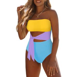 Viottiset Women's Bandeau One Piece Swimsuit Strapless Tie High Cut Out Bathing Suit, S