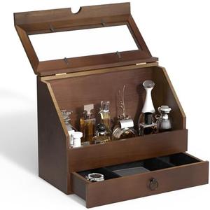 Large Capacity Cologne Storage, Mens Cologne Organizer with Drawer, Black Perfume Stand with Dust-Proof Cover, Wood Perfume Display, Great Gift for Men
