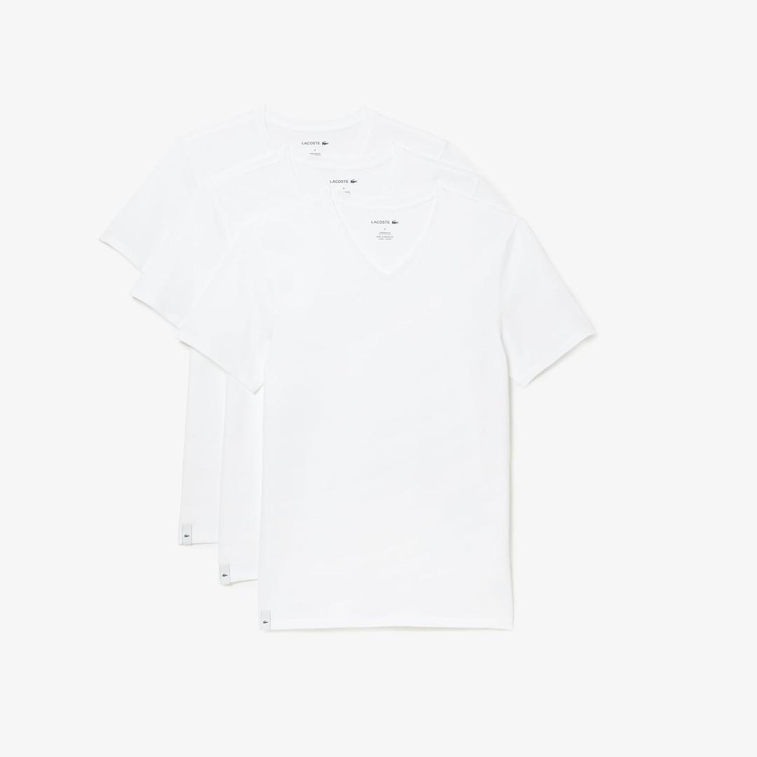 Lacoste Men's 100% Cotton Regular Fit V-Neck Undershirt, 3-Pack (X-Large, White)