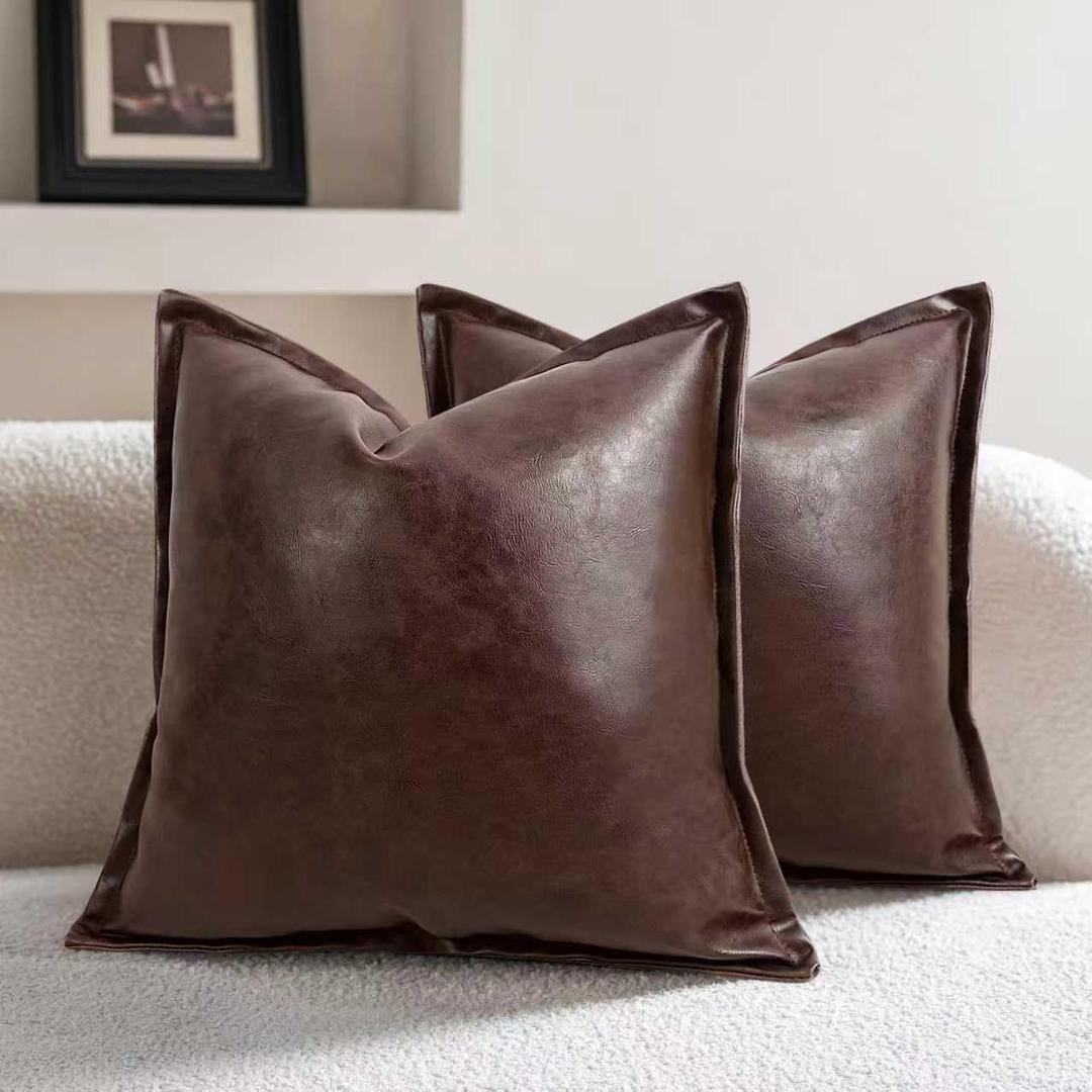 JASEN Faux Leather Decorative Throw Pillow Covers Modern 18x18 inch, Farmhouse Cushion Cases Luxury Pillowcases for Couch Bed Sofa Living Room Set of 2 (Dark Brown, 18" x 18")