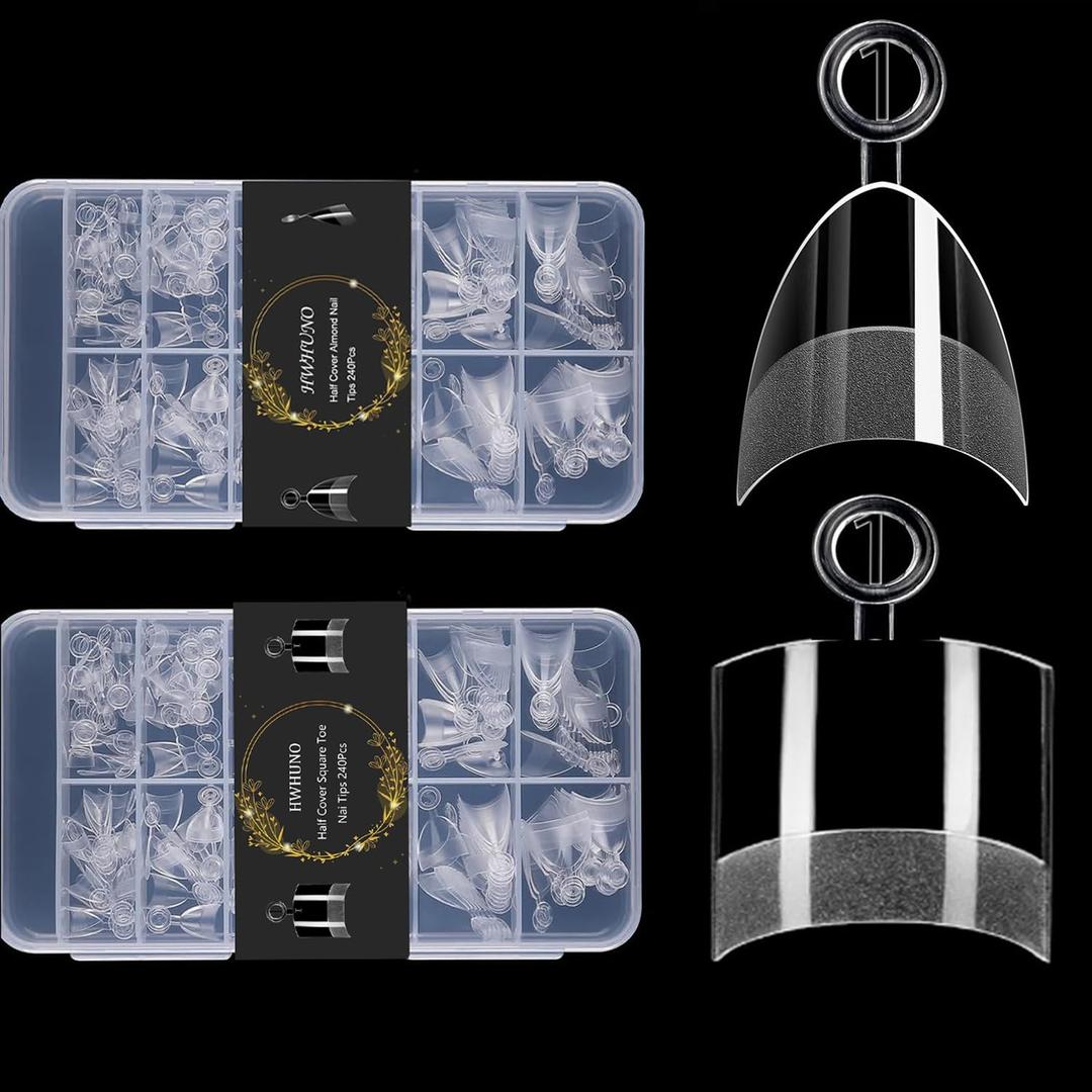 Square Toe Nail Tips&XS Almond Acrylic Nails Tips Short Half Cover Soft Gel Pre-shape, Toenails Extensions Clear Fake Toenail Tips,480Pcs 12Size 2 Box