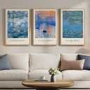 Framed Claude Monet Landscape Wall Art for Living Room, 3 Piece Impressionist Canvas Picture Artwork for Walls, Classic Blue Lake Water Lilies Prints Painting for Bedroom Dining Room Hallway, 16x24 In, 16"W x 24"Hx3Pcs