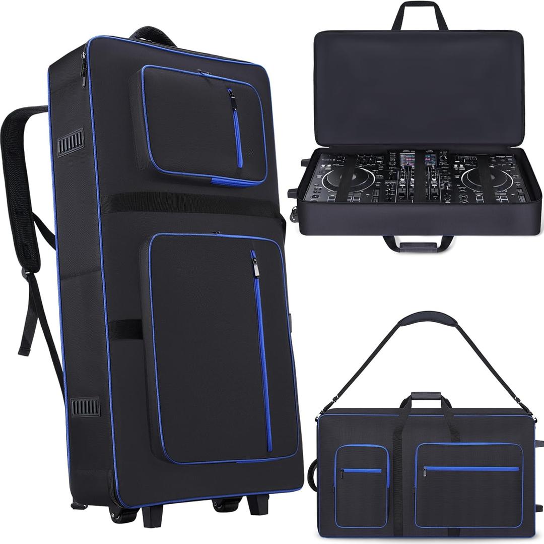 DJ Controller Case with Wheels Compatible with XDJ-AZ, Rolling DJ Travel Gig Bag with 10MM Soft Padded & Multi-pocket for DJ Controller & Accessories (with Wheels)