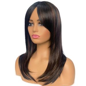 Long Wig with Bangs Black and Brwon Layered Wig for Women Natural Looking Heat Resistant Wigs (20 inch)