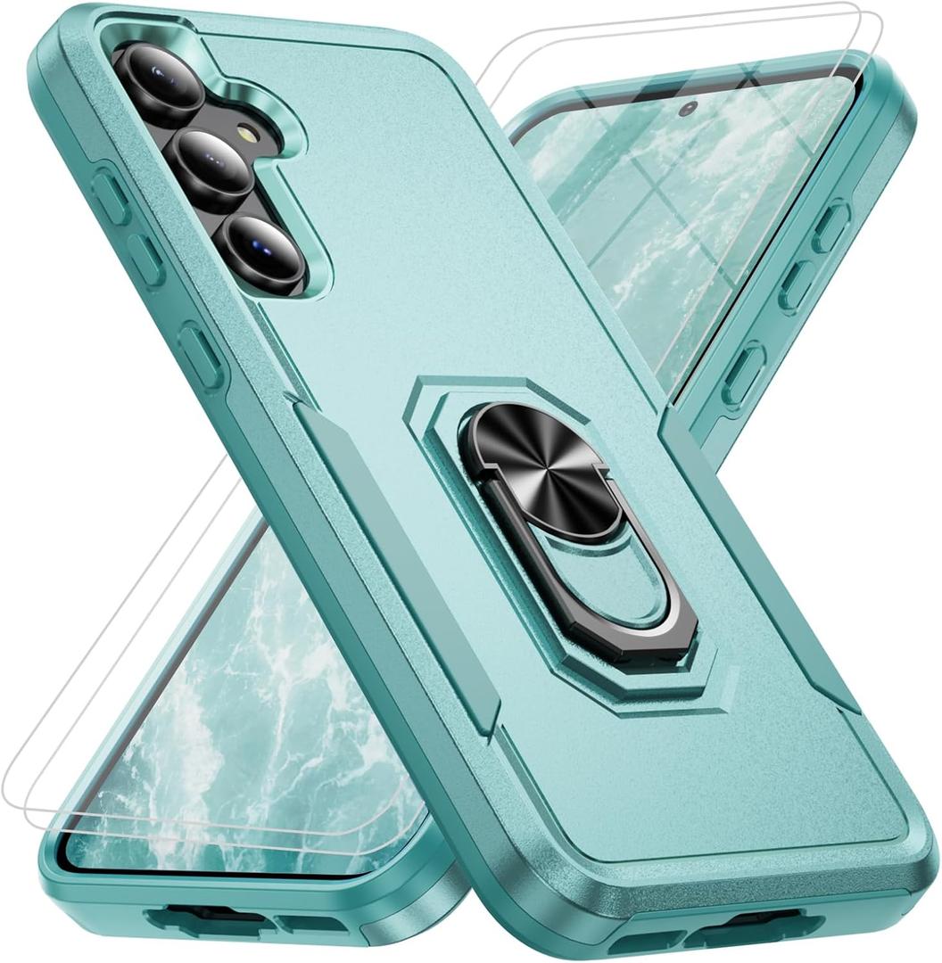 Phone Case for Samsung Galaxy S25 FE [15 FT Military-Grade Drop Protection] with 2X Tempered Glass Screen Protector, Heavy-Duty Shockproof Kickstand Phone Case (Green)