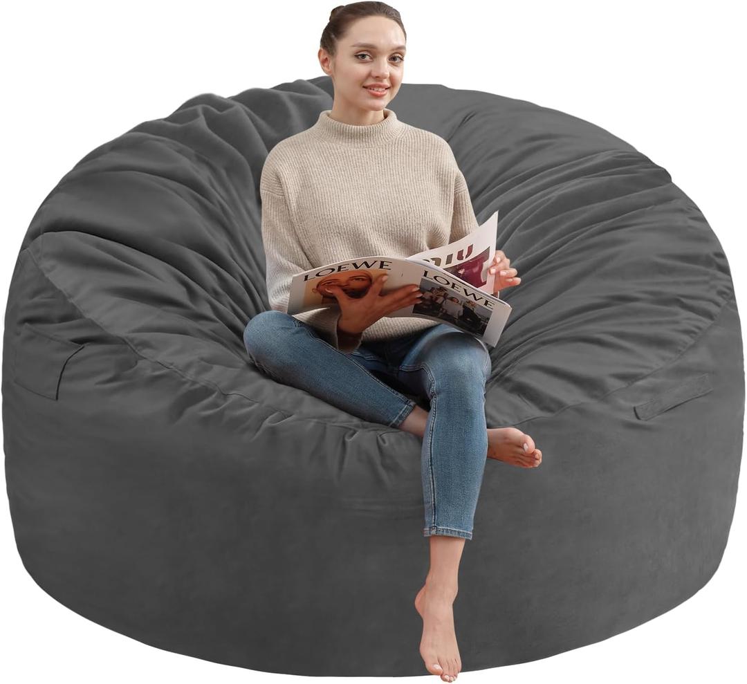 5FT Bean Bag Chair, Large Bean Bag Chairs with Memory Foam Filled, Fluffy Beanbag Sofa with Dutch Velvet Cover, Round BeanBag Chairs for Living Room, Playroom - Grey (5FT- 50"x50"x24")