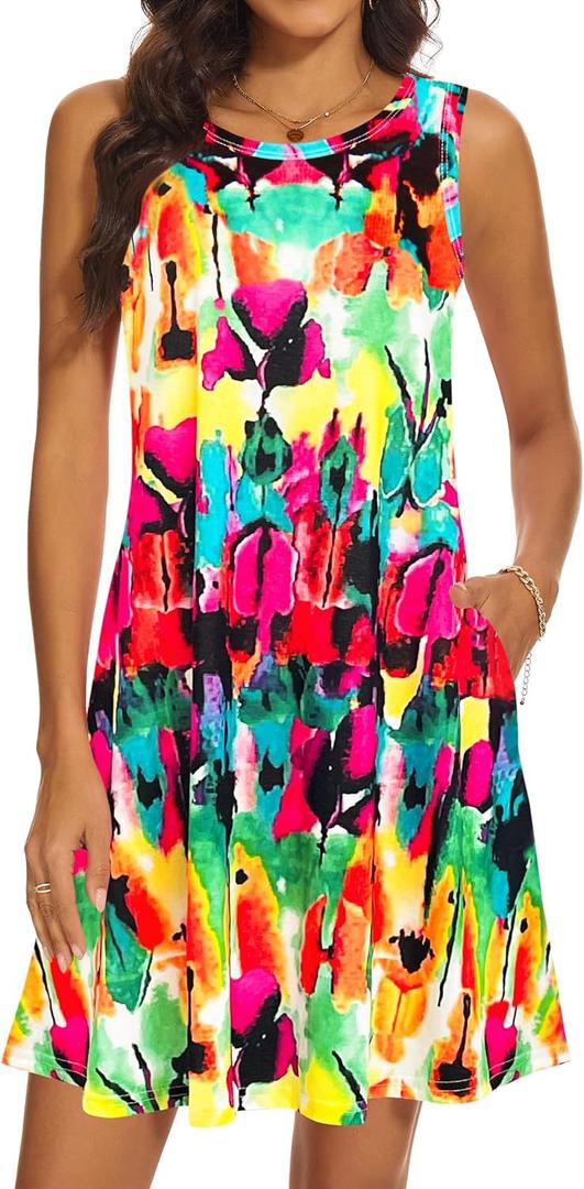 moskill Summer Dresses for Women 2026 Casual Sundresses Beach Cover Ups Sleeveless Tshirt Swing Dress with Pockets (M)