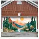 7x16 FT Mountain Sunrise Garage Door Banner - Forest River Landscape Art, Large Indoor Outdoor Cover, Nature Theme Decoration for Home, Yard, Cabin Getaway (probably different drawing)