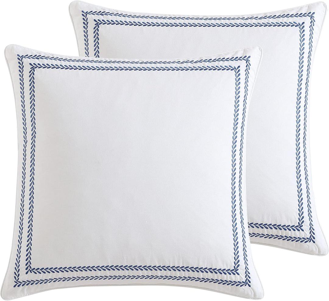 Laura Ashley - Euro Shams, 100% Smooth Cotton with Envelope Closure, Throw Pillow Cover for Bed or Couch, Oeko-Tex Certified, Set of 2 (Stitched Vine Blue, 26" x 26")