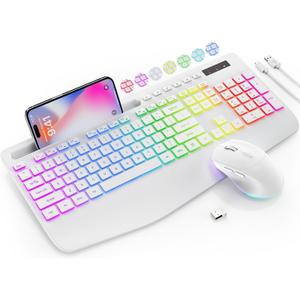 Wireless Keyboard and Mouse Combo, 9 Backlit Effects, Wrist Rest, Phone Holder, 2.4G Lag-Free Ergonomic Keyboards, Rechargeable Silent Cordless Set for Computer, Laptop, Mac, Windows -SABLUTEWhite (Cloudy White)