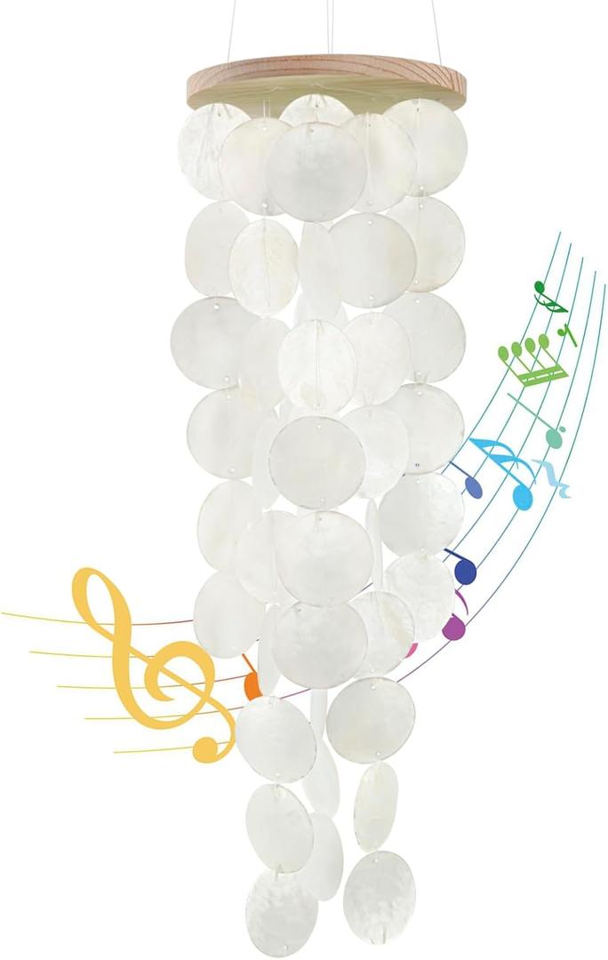 Wind Chimes for Outside - Handcrafted White Capiz Shells Windchime Coastal Style Decor for Indoor/Outdoors, Garden Decor, Great for Women, Wind Chimes Lovers and More