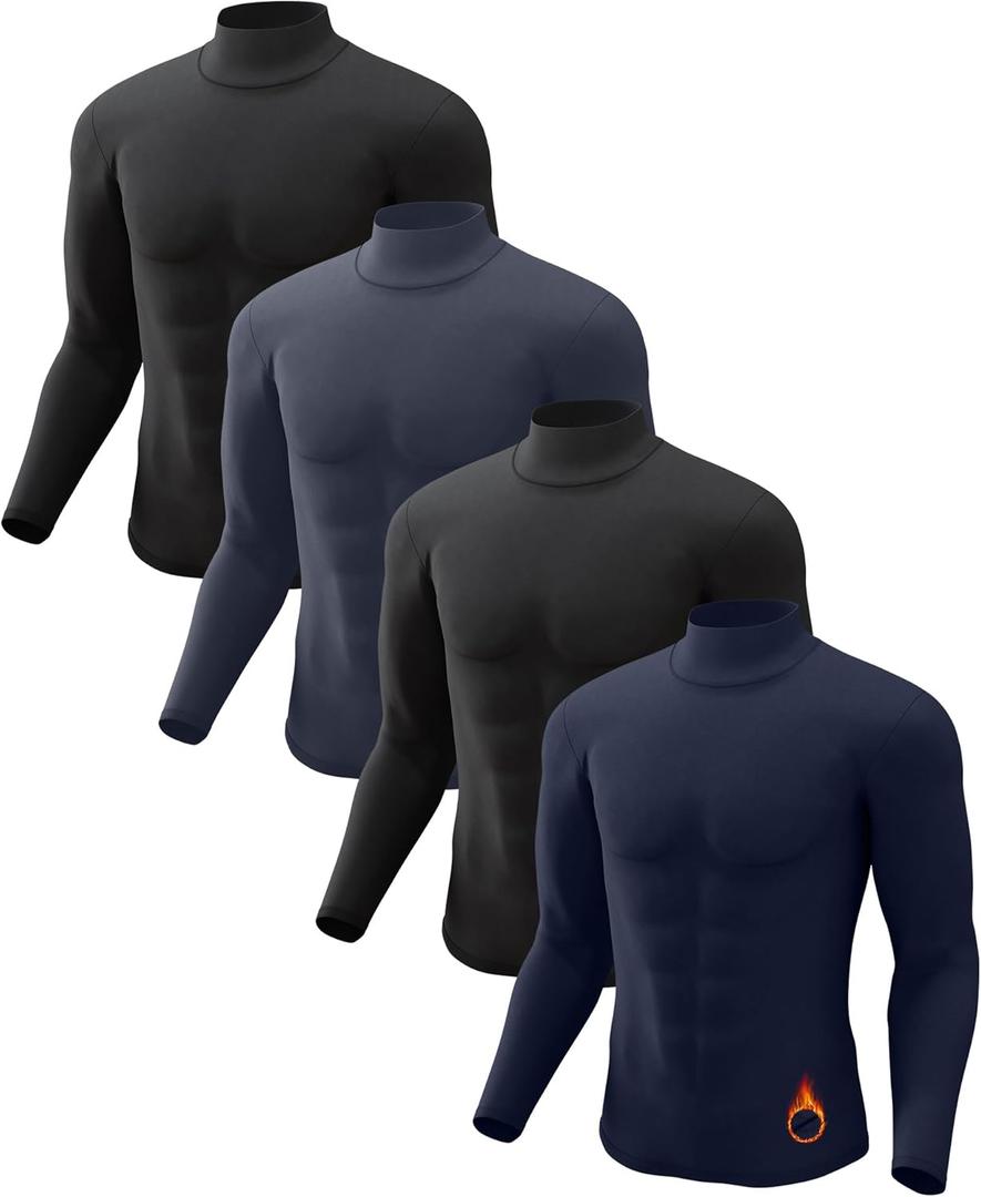 5 or 4 Pack Thermal Shirts for Men Turtle Neck Fleece Lined Long Sleeve Tops Workout Base Layer Cold Weather Gear, 2 Black/ Blue/ Charcoal, Medium
