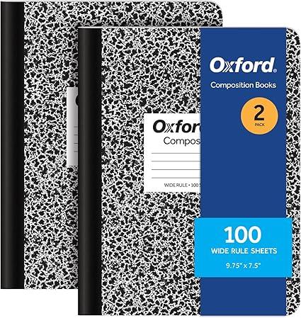 Oxford Composition Notebooks, 9-3/4 x 7-1/2 Inch School Journals, Wide Ruled Paper, Black Marble Covers, 100 Sheets per Book, 2 Pack (1002516), 2 Sets