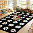 7.6x12 ft Large Daisies on Black Classroom Rug Daisy Educational Area Mat Daisy Flowers Multicolor Play Carpet Educational Classroom Learning Mat for Preschool Playroom Elementary Kindergarten(Black)