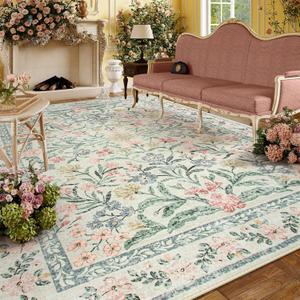 Lahome Boho Washable Girls Bedroom Rugs 9x12, Beige Cream Floral Large Area Rugs for Bedroom, Soft Non-Slip Thin Carpet for Nursery Kids Playroom Dining Room Home, Beige
