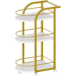 3-Tier Bar Cart, Home Bar Serving Cart with Fence and Wheels, for Dining Room, Living Room, Garden, Party, White and Gold BC06DW (White + Gold)