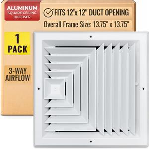 Fits 12x12 Duct Opening 3 Way Aluminum Square Ceiling Diffuser by Handua | Register Vent Cover Grille for Ceiling | Rust Proof | White | Outer Dimensions: 13.75" X 13.75", 12" X 12" Duct Size