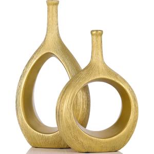 Brushed Gold Ceramic Vase Set 2,Modern Hollow Circle with Hole Flower Vase for Home Decor,for Table Centerpieces,Farmhouse,Fire Place,Living Room,Bedroom,Office,Bookshelf,Rustic Decor