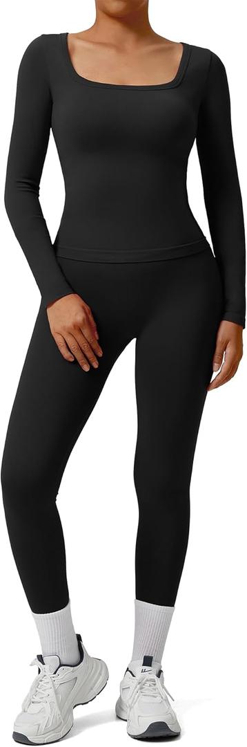 SUUKSESS Women 2 Piece Workout Sets High Waisted Seamless Leggings Active Long Sleeve Tops (X-Small, Black)