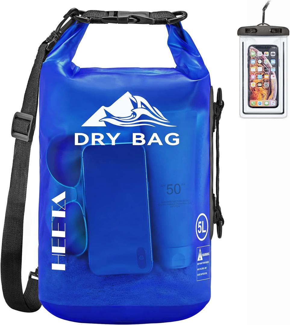 HEETA Dry Bag Waterproof for Women Men, 5L/10L/20L/30L/40L Roll Top Lightweight Dry Storage Bag Backpack with Phone Case for Travel Swimming Boating Kayaking Paddle Board Camping Beach Accessories (Navy Blue)