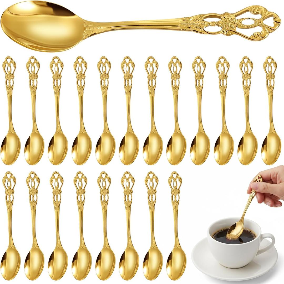 Dandat 20 Pcs 4.9" Gold Luxury Teaspoons Stainless Steel Gorgeous Tea Party Spoons Dessert Spoons for Stirring Coffee Sugar Drink Kitchen Cafe Bar Wedding Tableware, Vintage Style